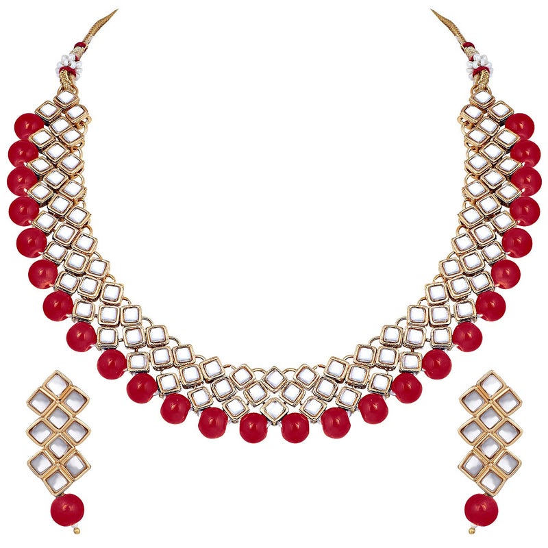 Aheli Stylish Bollywood Wedding Party Wear Necklace Earring Set Indian Ethnic Traditional Jewelry for Women (Red) - Image 1